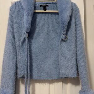 Forever 21 Light Blue Fuzzy Cardigan with Faux Fur Trim and Ring Accents